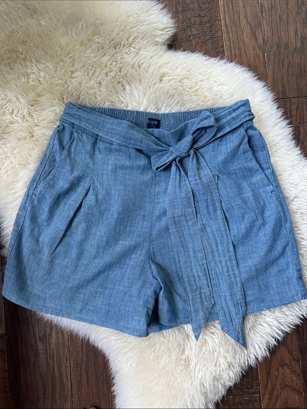 J. Crew Chambray Blue High-Waist Tie-Belt Shorts